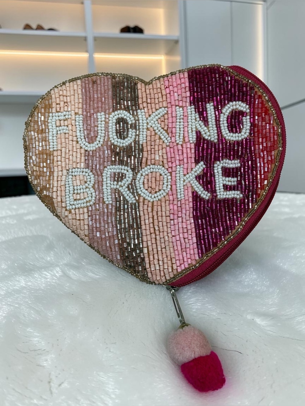 Beaded "Fucking Broke" Heart Coin Pouch / Clutch